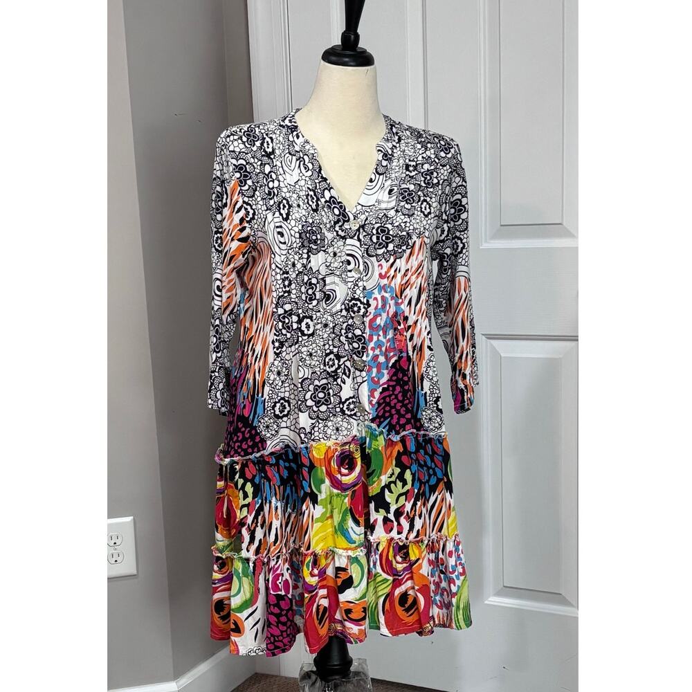 Parsley & Sage Eliza Boho Dress Sz M Lagenlook Wearable Art Tunic Abstract